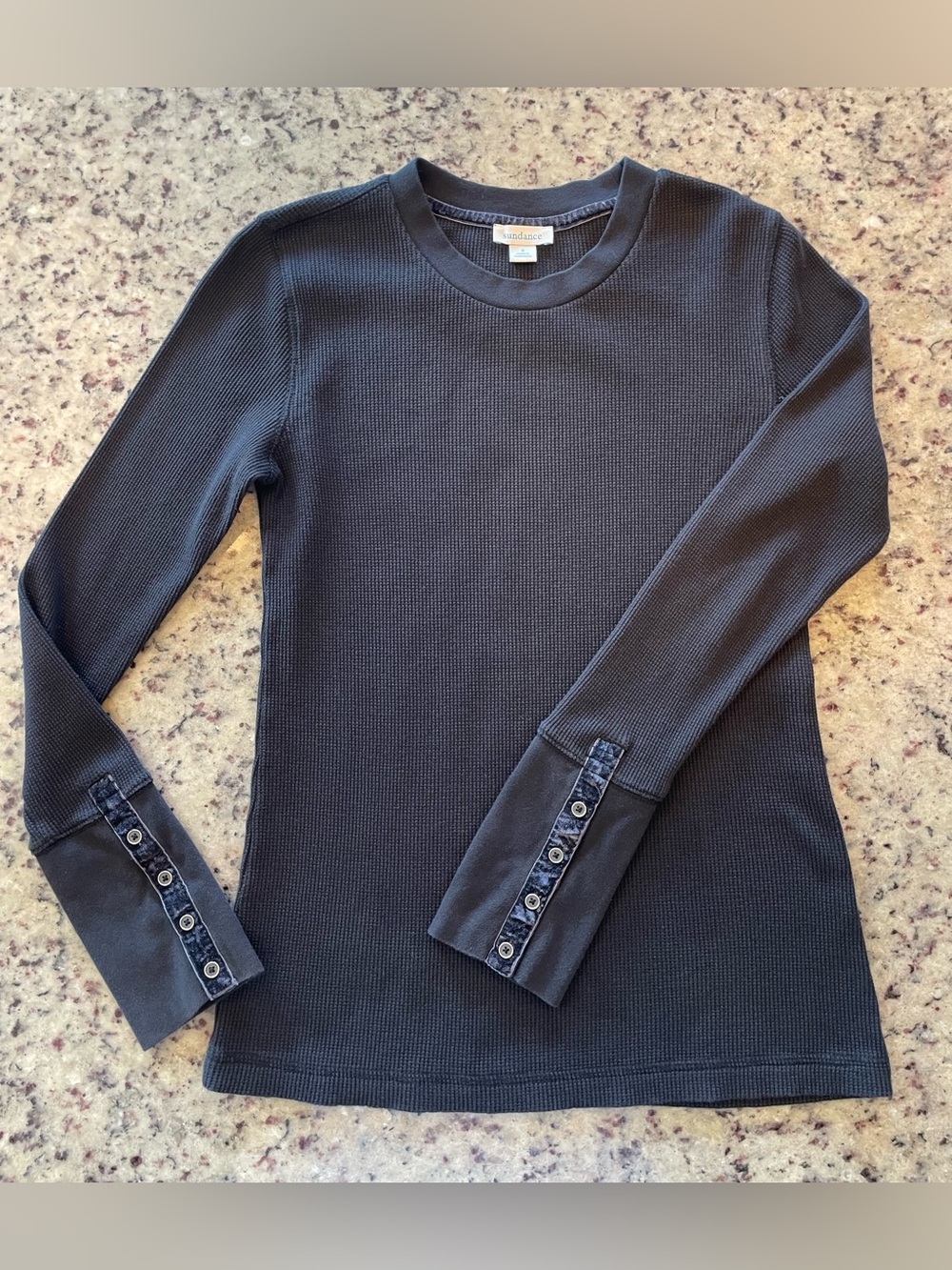 New Sundance Black Waffle-Knit Long Sleeve Crewneck with velvet Button Cuffs S